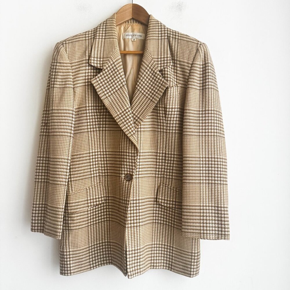 Vintage Jones New York Camel Beige Plaid One Button Blazer 8